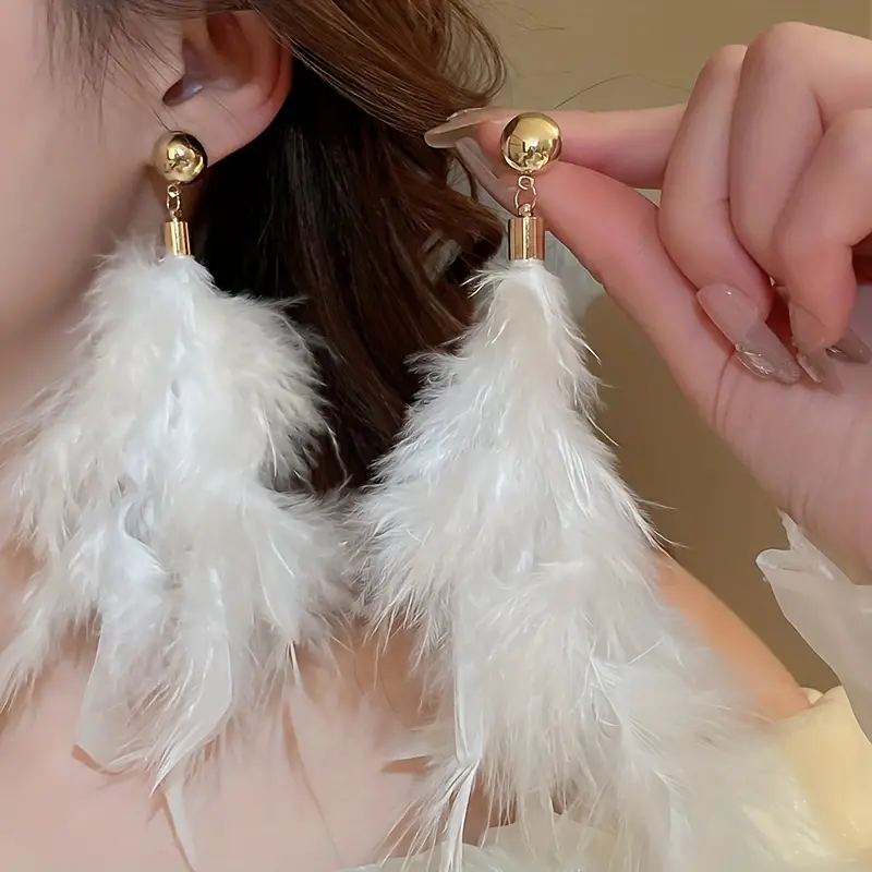 White Exaggerated Feather Design Dangle Earrings Boho Elegant Style Alloy  Jewelry Holiday Vocation Ear Ornaments Female Gift - Temu