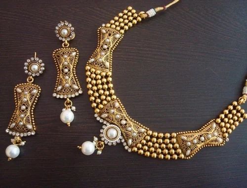 Bridal Pearl Polki Necklace Set With Long Earrings